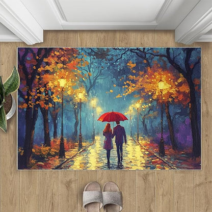 London Streets Washable Rugs 3x4 Rug for Living Room, Rainy Night Oil Painting 3x4 Rug Autumn Landscape Low-Pile Carpet for Bedroom Dining Non Slip Mat with Rubber Back