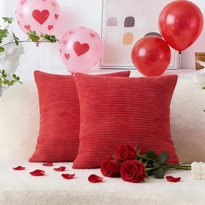 Home Brilliant Red Pillow Covers Decorative Throw Pillow Covers for Valentines Couch Bench Set of 2 Striped Corduroy Accent Pillow Covers, 40x40cm, 16 x 16 Inch, Red