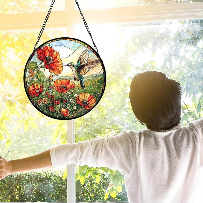 Stained Glass Window Hanging, Hummingbirds Orange Flowers Suncatcher Diamond Glass Panel Hangings Sun Catchers Decor for Birthday for Women, Men, Wife, Aunt, and Mom 6.3 in