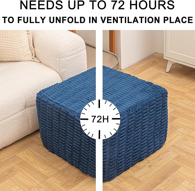 Round Plush Ottoman Pouf Stuffed– Fluffy Ottoman Foot Rest with Modern Foam Filler 20" x 14" Cozy Floor Pouf for Living Room & Bedroom (Navy Blue)