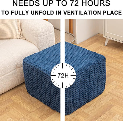Round Plush Ottoman Pouf Stuffed– Fluffy Ottoman Foot Rest with Modern Foam Filler 20" x 14" Cozy Floor Pouf for Living Room & Bedroom (Navy Blue)