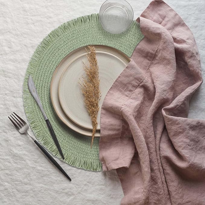 FunWheat Paper Round Braided Placemats Set of 8 for Dining Tables 15 Inch Heat Resistant Table Mats Farmhouse Woven Fabric Natural Place mats for Decoration with Tassel(Fog Green,8pcs)