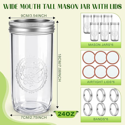 Mason Jars 24 oz Wide Mouth with Measurement Marks–12Pack Glass Canning Jars with Airtight Leakproof Lids & Bands, BPA-Free for Meal Prep, Fermentation, Pickling & Storage (clear 6pack 24oz)