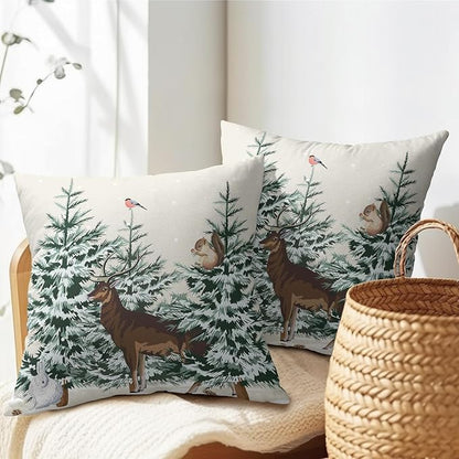 Christmas Tree Pillow Covers 16x16 Set of 2 Deer Animal Print Decorative Outdoor Dark Green Xmas Throw Pillow Cases Rustic Snow Winter Holiday Decoration Farmhouse Sofa Couch Cushion Cover Bed Decor