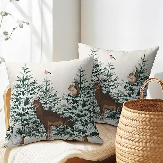 Christmas Tree Pillow Covers 20x20 Set of 2 Deer Animal Print Decorative Outdoor Dark Green Xmas Throw Pillow Cases Rustic Snow Winter Holiday Decoration Farmhouse Sofa Couch Cushion Cover Bed Decor