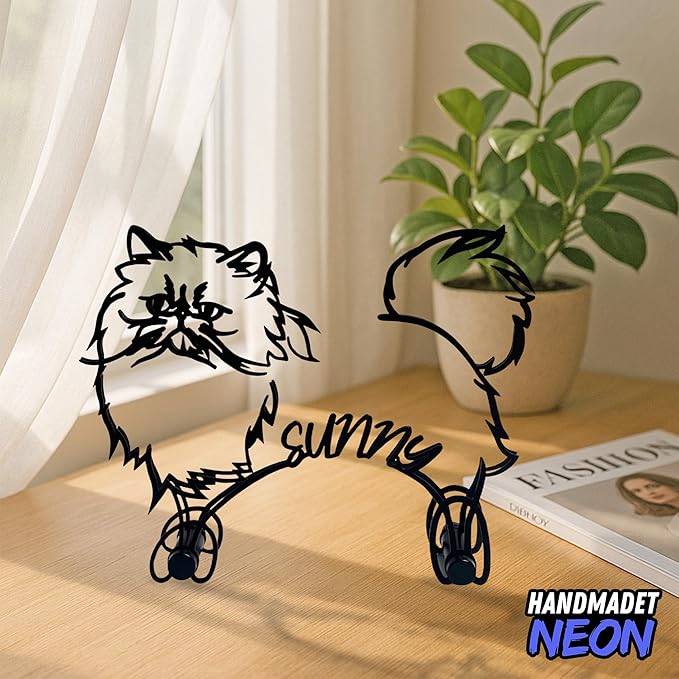 Personalized Persian Cat Minimalist Metal Line Art Sculpture Custom Name Abstract Figurine Desk Decor Wall Art Cat Enthusiasts Living Room Bedroom Gift For Birthday Anniversary