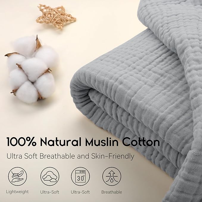 Yoofoss Muslin Blanket 100% Organic Cotton Throw Large 50" x 60" for Bed Couch Summer Gauze Blanket for Adults Lightweight and Breathable Grey