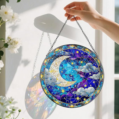 8-Inch Moon and Star Stained Glass Ornament, Stained Glass Window Hanging, Window Hanging Decor Suncatcher, Night Sky Ornament | Holiday, Mother’s Day, Housewarming | Gifts for Friend & Family