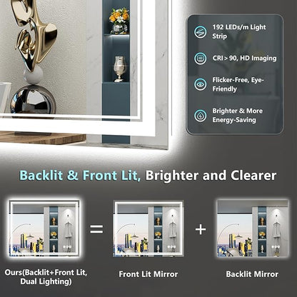 20x28 LED Bathroom Mirror with Lights, Backlit and Front Lit, Anti-Fog Lighted Vanity Mirrors for Bathroom Wall, Dimmable, 3-Color Light, Memory, Shatter-Proof, HD Tempered Glass, CRI＞90