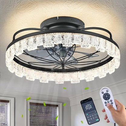 Matte Black Ceiling Fan with Light, Farmhouse Flower Caged Ceiling Fan with Remote, LED Low Profile Ceiling Light for Bedroom Kitchen Living Room