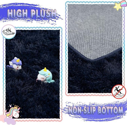 Super Fluffy Rug for Bedroom, 4x6 Shag Fuzzy Area Rug for Living Room Bedroom, Plush Soft Carpet for Girls Boys Kids, Non Slip Throw Rugs for Dorm, Modern Home Decor Aesthetic, Dark Blue