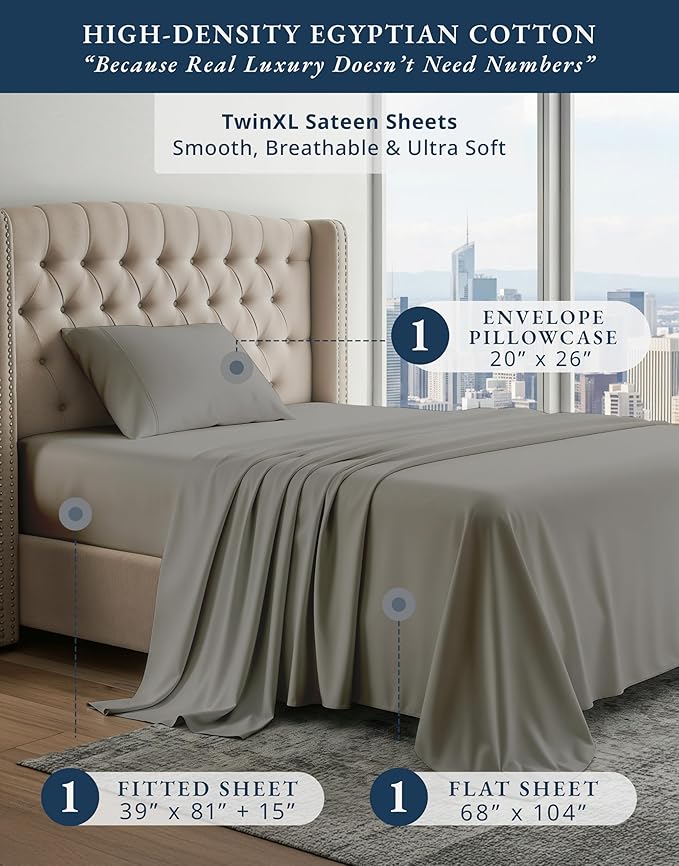 LANE LINEN 100% Egyptian Cotton Twin XL Sheets, Soft & Comfy No Pill Fade Resistant Oeko-Tex Certified sustainably Produced Cotton Sheets Twin XL, 15" Extra deep Pokcet Bed Sheets - Charcoal