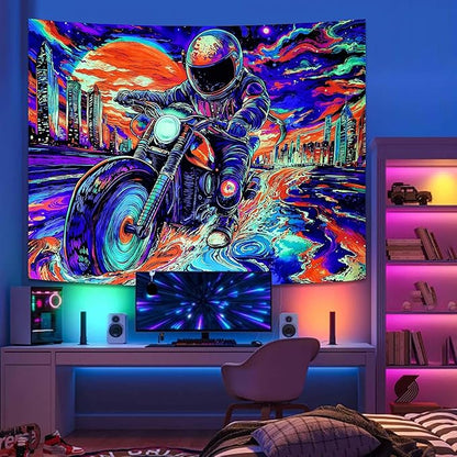 Blacklight Astronaut Tapestry Wall Hanging Space Galaxy Travel Funny Motorcycle Tapestries for Bedroom Colorful Aesthetic Cool Wall Art for Guys Gamer Room Dorm Living Room (motorcycle, 80''×60'')