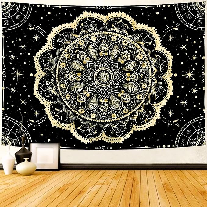 Delur Black and Gold Mandala Tapestry Astrology Space Hippie Bohemian Floral Medallion Tapestry Wall Hanging Aesthetic Indian Psychedelic Headboard for Bedroom Living Room Home Decor (70.8" x 92.5")