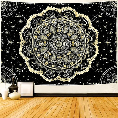 Delur Black and Gold Mandala Tapestry Astrology Space Hippie Bohemian Floral Medallion Tapestry Wall Hanging Aesthetic Indian Psychedelic Headboard for Bedroom Living Room Home Decor (70.8" x 92.5")