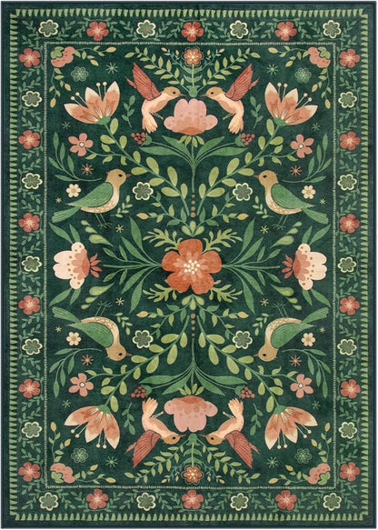 Moynesa Living Room Rug 5x7, Washable Modern Cottage Green Area Rugs for Bedroom Dining Room, Farmhouse Aesthetic Floral Bird Print Carpet, Vintage Home Decor Open Floor Areas Non-Slip Protection