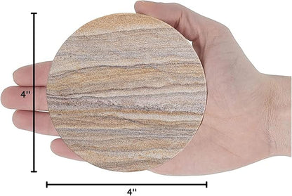 Sandstone Water Absorbent Hand Crafted Round Coasters for Drinks - 4 Inches Wide Thirsty Stone Bar/Drink Coasters- Made from Rainbow Sandstone (Set of 4 Without Holder)