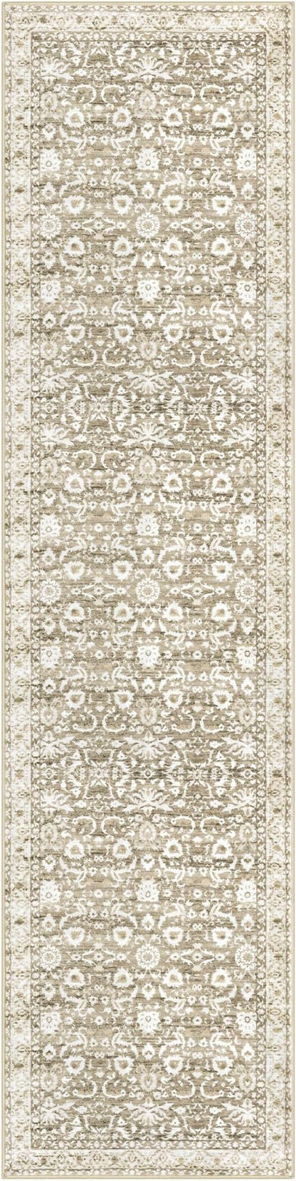 Hallway Runner Rug, Beige Tan White Washable Runner Rug 2x8 Vintage Floral Neutral Kitchen Rug Runner Non Slip Thin Printed Faux Wool Super Soft Carpet for Entryway Bedroom Laundry Room Indoor