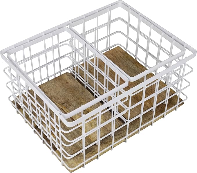 happimess BSK3004B-3SET Evvie Vintage Farmhouse Wire Metal Nesting Storage Baskets with Wood Base for Shelves, Cabinets, Pantry, Countertop, Mesh Open Bin Basket, White/Natural (Set of 3)