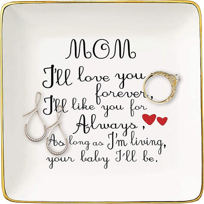 Mother's Day Gift for Mom-Unique Birthday Thanksgiving Christmas Gift for Mother-Mommy Present-Ceramic Jewelry Tray,Trinket Holder,Ring Dish-Surprise Present for Mommy-Mom,I'll Love You Forever