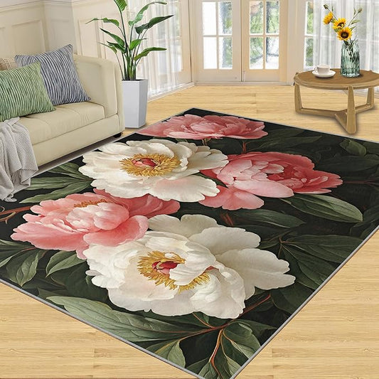Rustic Flowers Washable Area Rug 2x3, Peony Soft Rugs for Living Room Petals Carpet Area Rugs for Bedroom Dining Room Non-Slip Stain Resistant Rug
