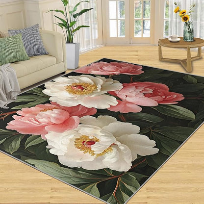 Rustic Flowers Washable Area Rug 6x8, Peony Soft Rugs for Living Room Petals Carpet Area Rugs for Bedroom Dining Room Non-Slip Stain Resistant Rug