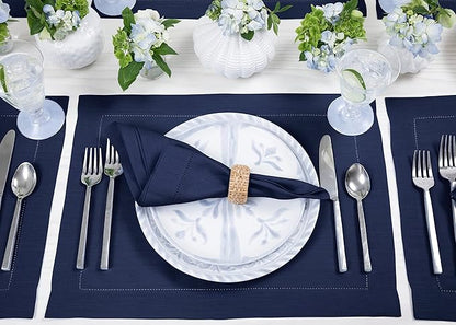 Solino Home Linen Cloth Placemats Set of 6-100% Pure Linen Hemstitch Navy Blue Placemats 14 x 19 Inch - Classic Hemstitch Table Place Mats for Holiday, Winter, New Year