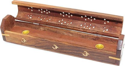 Govinda - Wooden Coffin Incense Burner - 12" OM - Brass Inlays - Storage Compartment