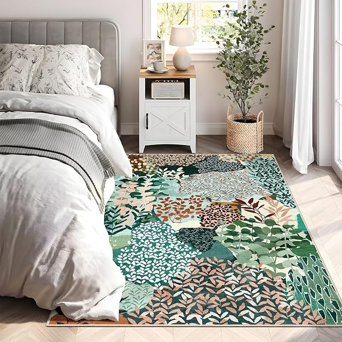DEXDE Washable Area Rug 3x5 for Living Room, Abstract Small Boho Rugs Non Slip Soft Kids Room,Vintage Leaves Floral Carpet for Bedroom Entryway Kitchen Office Dining Room, Dark Green