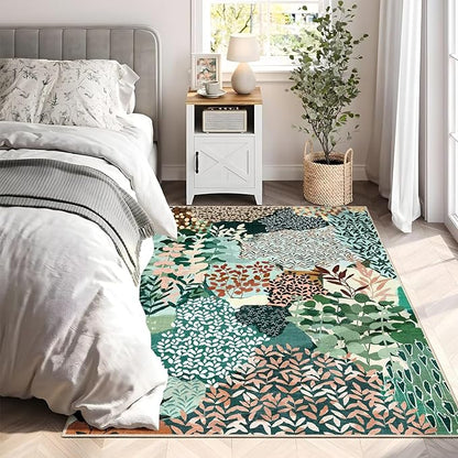 DEXDE Washable Area Rug 3x5 for Living Room, Abstract Small Boho Rugs Non Slip Soft Kids Room,Vintage Leaves Floral Carpet for Bedroom Entryway Kitchen Office Dining Room, Dark Green