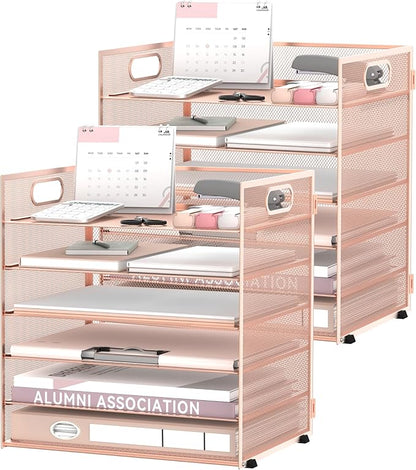 Daltack 6 Tier Paper Organizer for Desk, Paper Letter Tray Organizer for Desks, Mesh Desk File Organizers with Handle for Office, Home, School, Rose Gold, 2 Pack