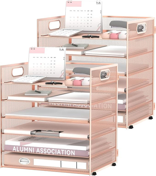 Daltack 6 Tier Paper Organizer for Desk, Paper Letter Tray Organizer for Desks, Mesh Desk File Organizers with Handle for Office, Home, School, Rose Gold, 2 Pack