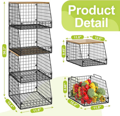 4 Pack Stackable Wire Baskets with Fixed Wooden Top, Vegetable Fruit Storage Bins for Onion Potato Snack, Pantry Baskets for Kitchen Cabinet Countertop, Pantry Organizers and Storage Rack