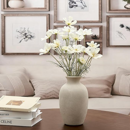 Ceramic Rustic Flower Vase, 8.38 Inch Vintage Pottery Home Decor, Farmhouse Terracotta Vase for Living Room, Table, Shelf, Mantel Decoration, Farmhouse - Off-White