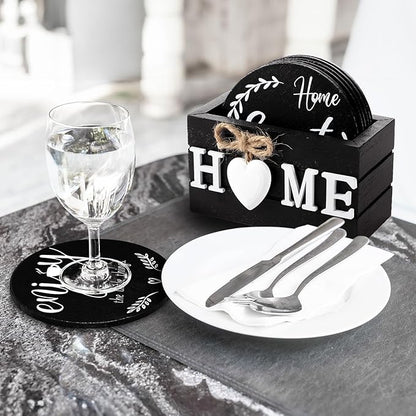 Queekay Coasters Set of 6 House Warming Gifts New Home Wooden Farmhouse Drink Coasters with Holder 4'' Funny Decoration for Kitchen Family Coffee Bar Tabletop Protection(Black)