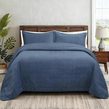 Quilt Queen Size Bedding Sets - 100% Cotton Lightweight Luxury Comforter Set, Full Size Stitching Bedspreads Coverlet with 2 Pillowcase Suit for All Season, Blue