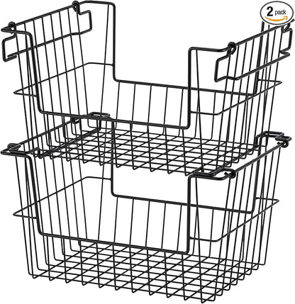 TRINITY 2-Pack Stackable Metal Wire Storage Baskets With Handles, Black, 14 Inches