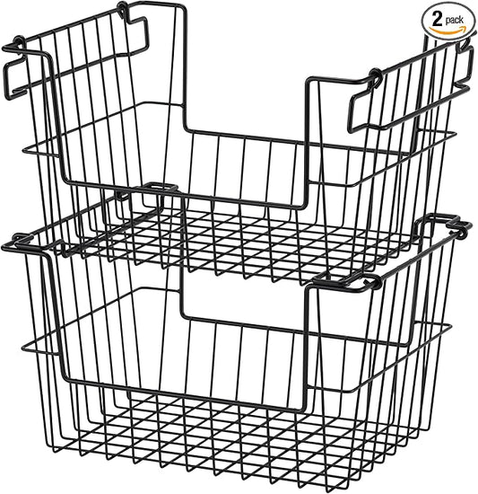 TRINITY 2-Pack Stackable Metal Wire Storage Baskets With Handles, Black, 14 Inches