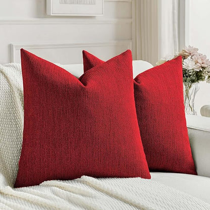 FUTEI Christmas Red Chenille Decorative Throw Pillow Covers 24x24 Inch Set of 2,Soft Cozy Faux Linen Textured European Pillow Shams,Farmhouse Home Decor for Couch Living Room