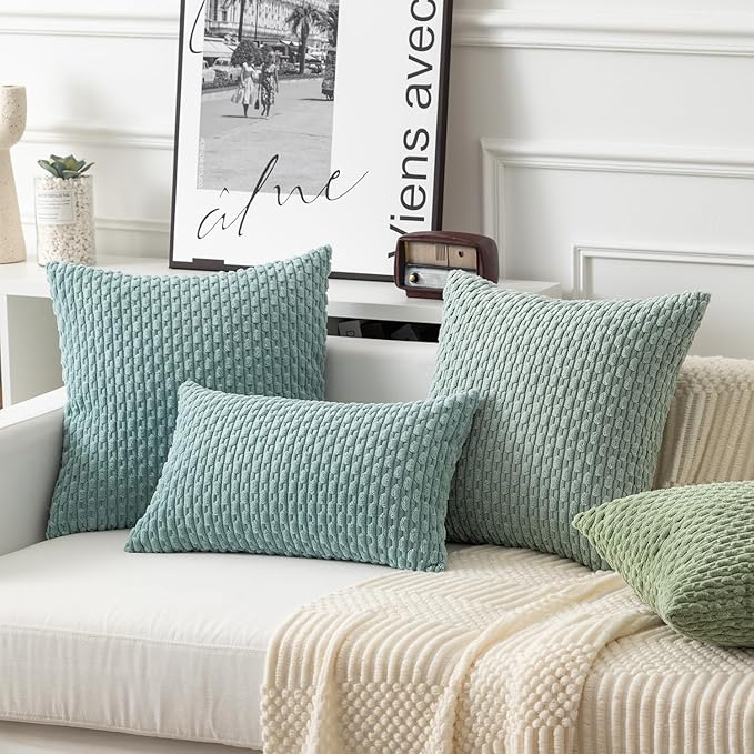 Kevin Textile 12x24 Inch Pillow Cover 1 Pack Boho Decorative Soft Striped Corduroy Lumbar Farmhouse Accent Rectangle Cushion Case for Living Room Couch Sofa Bed, Dusty Green