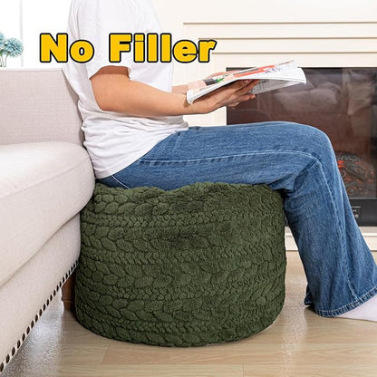 Unstuffed Ottoman Pouf Cover – Round Faux Fur Footstool Plush Floor Pouf (No Filler Included) Perfect for Living Room, Bedroom, or Office Lounge (Green, 20x20x15 in)
