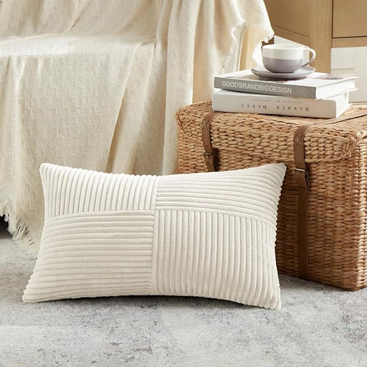 Fancy Homi 2 Packs Cream Lumbar Decorative Throw Pillow Covers 16x32 Inch for Living Room Couch Bed Sofa, Rustic Farmhouse Boho Home Decor, Soft Striped Corduroy Rectangle Accent Cushion Case 40x80 cm
