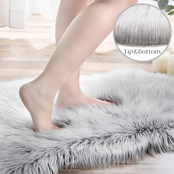 Ashler faux fur rug, Fluffy Shaggy Area Rug Ultra Soft 2 x 6 Feet Sheepskin Fur Rug, Frosted Bottom Gray Fuzzy Rug Machine Washable Shag Rug, Nursery Decor Throw Rugs for Bedroom, Living Room