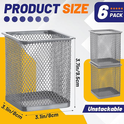 Segarty Pen Cup Holder, 6 Pack Square Silver Pen Holder for Desk, Multifuntional Mesh Pencil Cups Containers for Marker, Office Supplies, School Students, Home Desktop, Brush Organizer