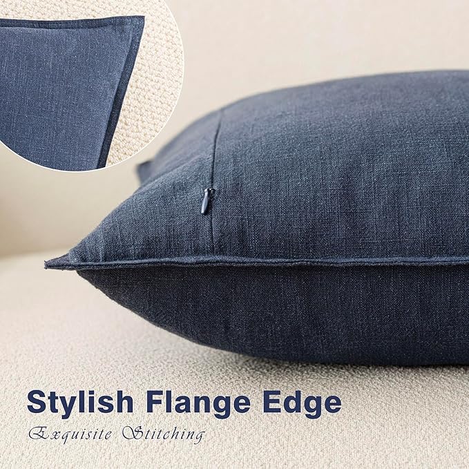 Foindtower Pack of 2, Decorative Linen Soild Throw Pillow Covers Soft Accent Square Cushion Case Boho Farmhouse Pillowcase for Chair Couch Sofa Bedroom Living Room Home Decor 24 x 24 Inch Navy Blue