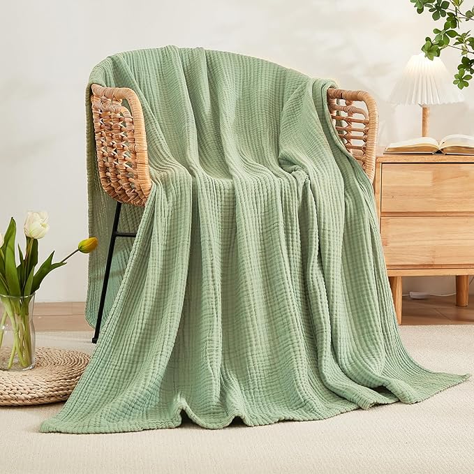 EMME Cotton Muslin King Blanket Big Oversized Bed Layering Bedspread Coverlet Breathable Gauze Soft Lightweight Blankets (Sage Green, 120"x94")
