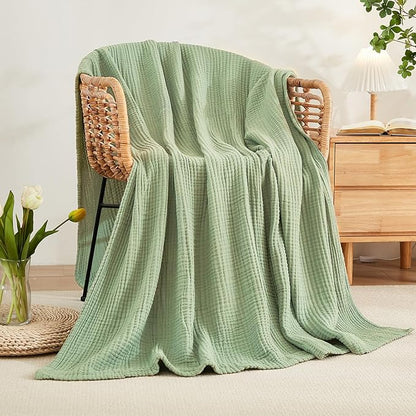 EMME Cotton Muslin King Blanket Big Oversized Bed Layering Bedspread Coverlet Breathable Gauze Soft Lightweight Blankets (Sage Green, 120"x94")