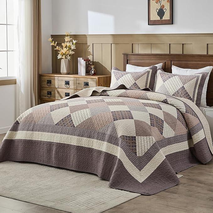 EWlinens 100% Cotton 120"x128" Oversized California King Bedspread - Farmhouse Extra Large Quilt Bedding Set, All Season Cal King Diamond Patchwork Plaid Striped Quilts, 3pcs, Walnut/Brown/Gray/Beige