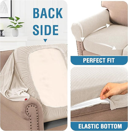 H.VERSAILTEX High Stretch Cushion Cover Washable Sofa Covers for 3 Cushion Couch Thick Jacquard Textured Twill Fabric (3 Piece Loveseat Cushion Cover with Armrest, Ivory)