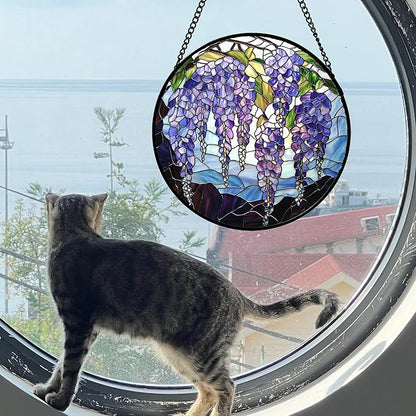 DASTOLL Stained Glass Window Hanging, Purple Wisteria Flowers Suncatcher for Doors Window Home Plant Sun Catchers Decoration Mother's Day Birthday Gifts for Women, Men, and Mom 9.8x9.8 in
